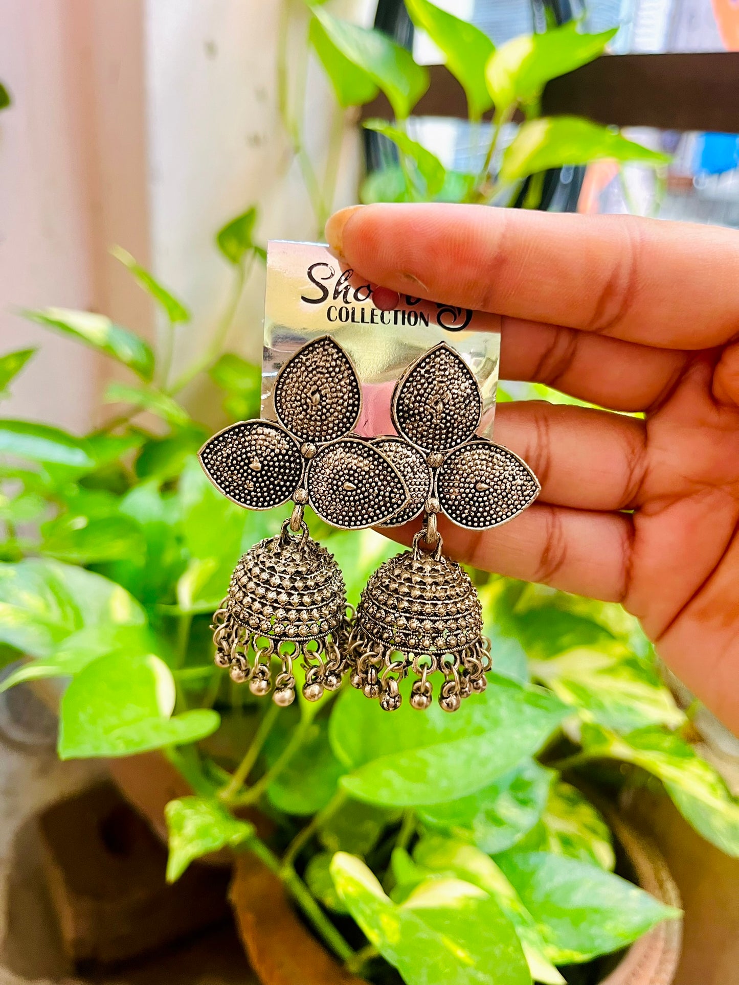 Three Leaf Oxidised Jhumka